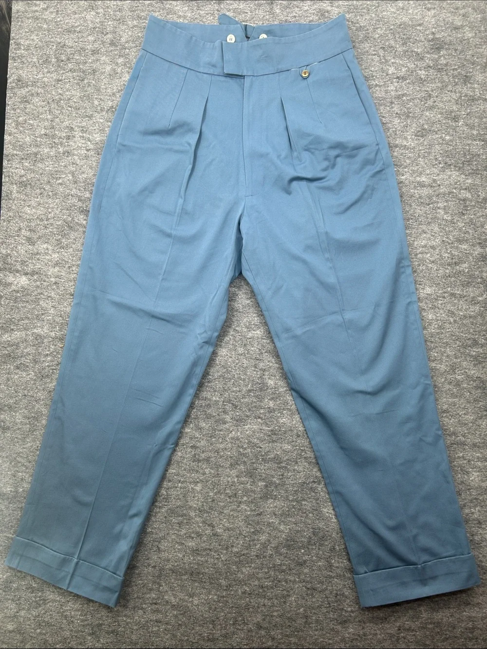 On The Sunny Side Eco Cotton Blue High Waisted Pleated Trouser Pants 38 Waist